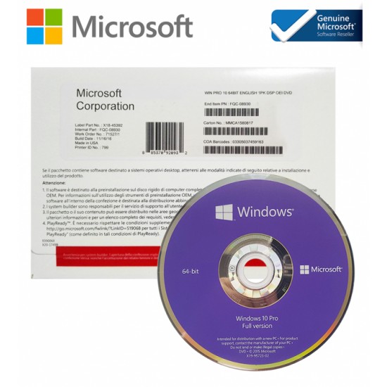 Microsoft Win Pro 10 64Bit Eng Intl 1pk DSP OEI DVD / FQC-08929/SMI